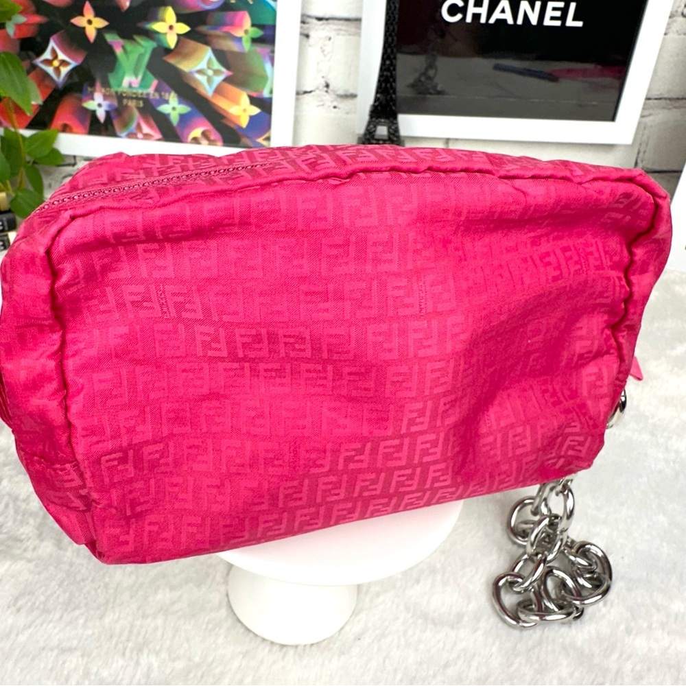 Fendi Hot Pink FF Nylon Wristlet Cosmetic Pouch with chain cute Clutch